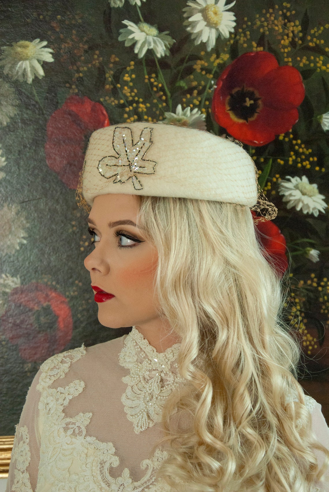 Vintage ivory pillbox hat 1950s white angora wool silver Etsy