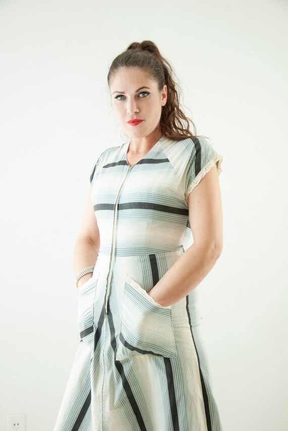 Vintage 1940s black white striped dress, gray cott