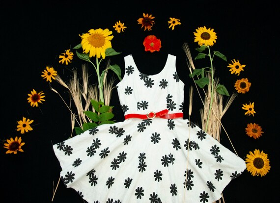 Vestido blanco vintage flores negras falda circular floral | Etsy España