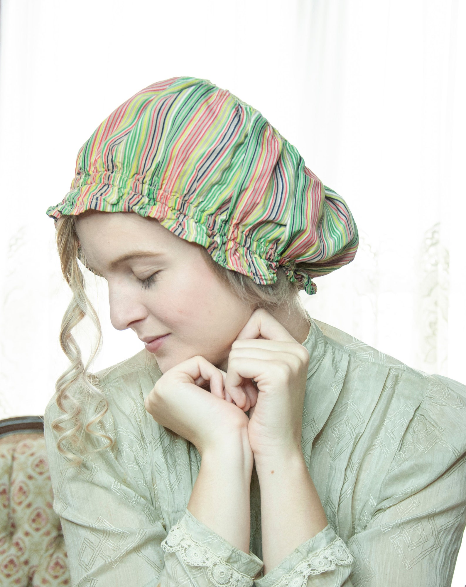 Vintage 1930s Striped Sleep Cap Green Red Yellow Chartreuse Etsy