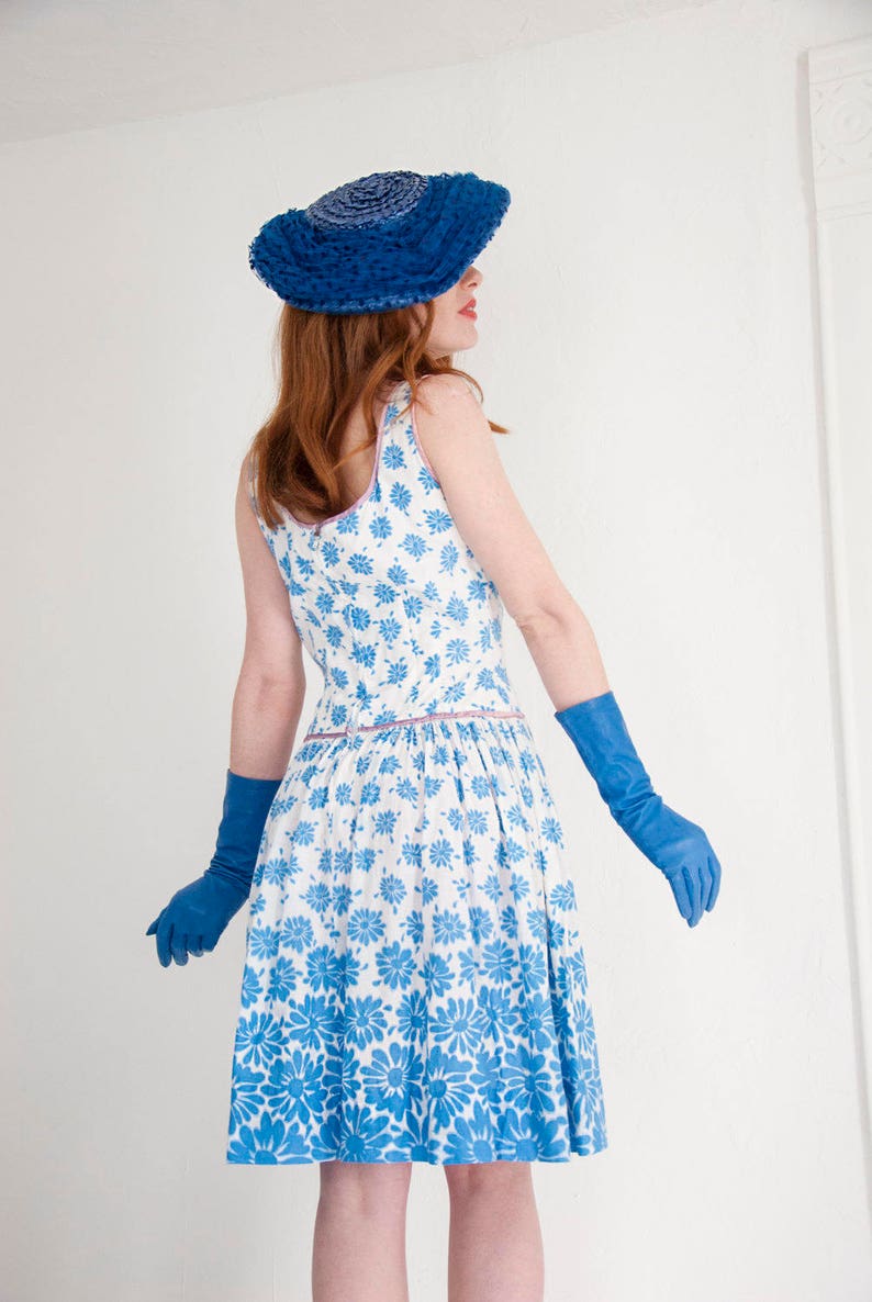 1950s blue flowers floral fit and flare dress medium size