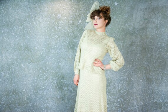 Vintage ecru knit dress set, 1930s style two-piece
