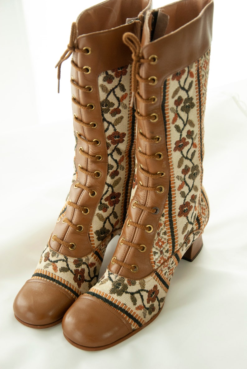 Vintage Floral Tapestry Boots 1960s White Brown Twotone Etsy