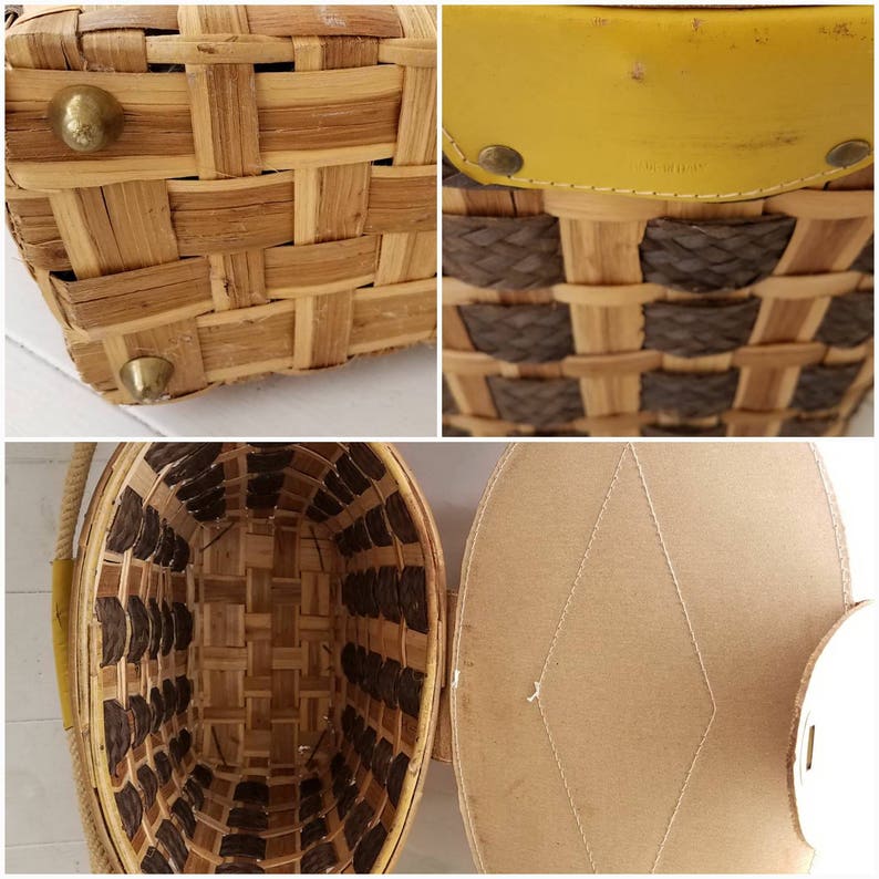 Vintage Beach Bag Purse Picnic Basket Brown Wood Yellow Red Etsy