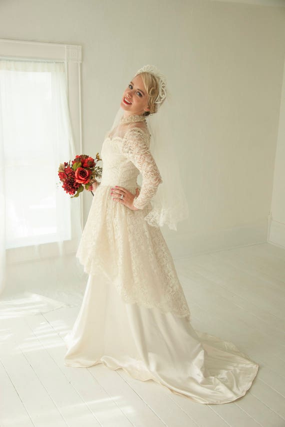 Vintage Illusion Wedding Dress Peter Pan Collar Floral Lace Etsy