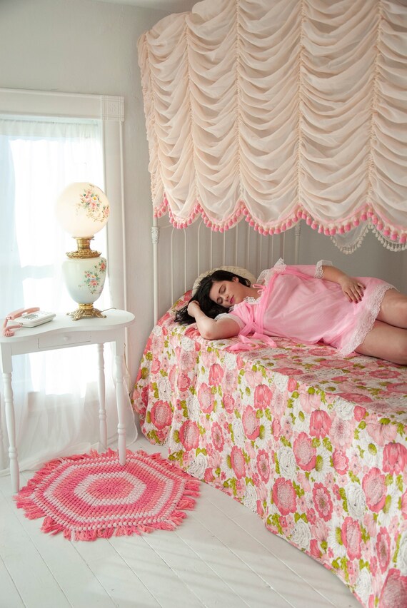 Vintage 1950s Sheer Pink Curtains Pin Up Boudoir Bedroom Two Wide Large Panels Gathered Drapes Rose Tassels Decor