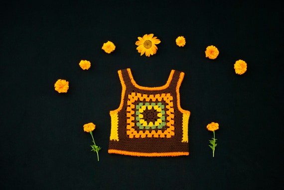 Vintage granny square vest, sleeveless crop sweate