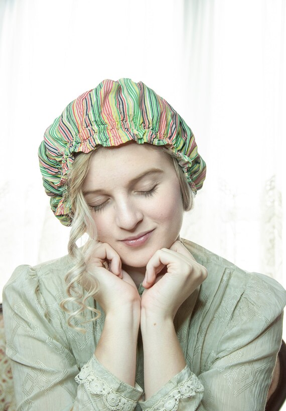 Vintage 1930s striped sleep cap, green red yellow