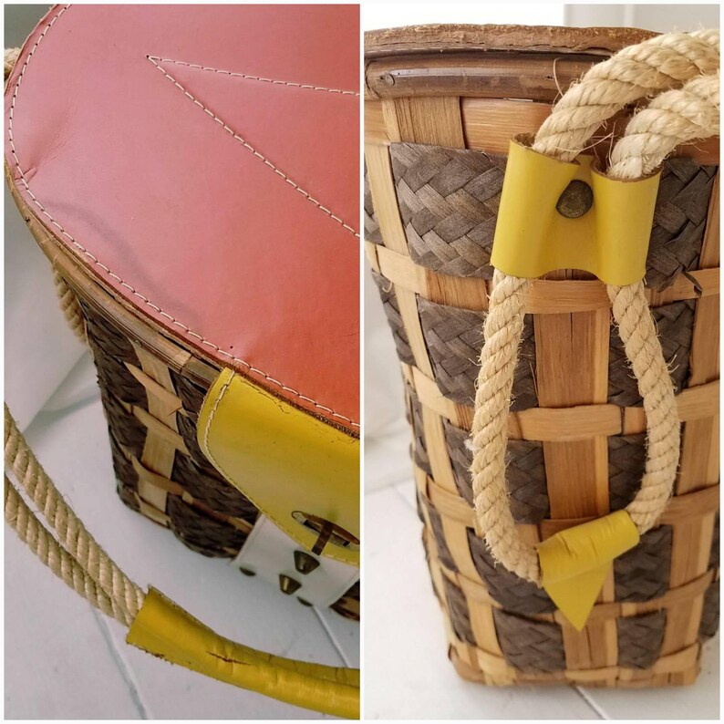 Vintage Beach Bag Purse Picnic Basket Brown Wood Yellow Red Etsy