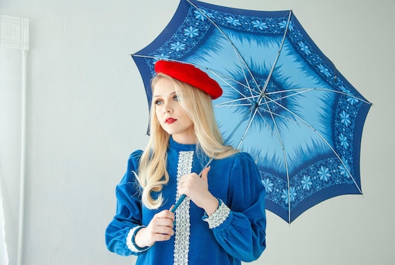 Vintage blue floral umbrella, hooked handle, navy