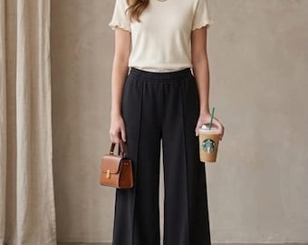 Wijde pijpenbroek dames met voornaad | Hoog getailleerde palazzo-broek | Minimalistische kantoorkleding