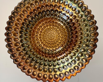 Vintage Carnival Glass Reverse Painted Bubble 8.5” Bowl - Gold, Green, Amber Brown