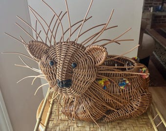 Vintage Whimsical Wicker Lion Storage Planter Basket - 13 x  12 x 7"