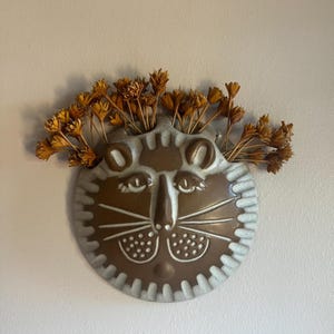 May include: A ceramic wall vase in the shape of a lion's face, with a brown and white colour scheme. The vase is filled with dried orange flowers. The lion's face has detailed features, including eyes, nose, and whiskers. The vase is round and has a textured rim.