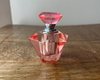 Frasco de perfume rosa Oleg Cassini con varita, firmado, Francia, 6,35 cm (2,5 pulgadas), expositor vacío para tocador.