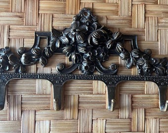 Vintage Italian Brass Floral Wall Hook Rack – Ornate Baroque MCM Style