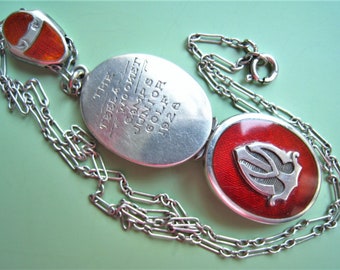 Antique Sterling & Deep Red Guilloche Locket Necklace with SLIDER.  Engraved "The TEELA WOOKET Camps Junior Golf 1923". Can Hold 2 Photos.