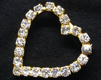 Rhinestone Heart Brooch.  4 Gold Plated Prongs Hold Every 4mm Clear Rhinestone in Place to Form a 1 3/8" High/Wide Heart Outline Pin