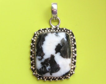 Zebra Stone & Sterling Pendant.  Rounded Rectangular Cabochon is Bezel Set on Silver Ball Dotted Frame.  1 7/8" L x 1 1/8 W" (incl. bail)