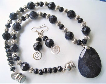 Blue Goldstone & Silver Pendant Necklace w/Drop Earrings Set. OOAK Assembled by Creative Capers. Shimmery Midnight Blue