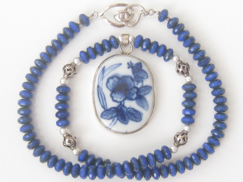 Lapis /& Sterling Necklace with Pendant BlueWhite Shard Floral Porcelain Oval 1 7.8 x 1 316 Necklace is 18 Long