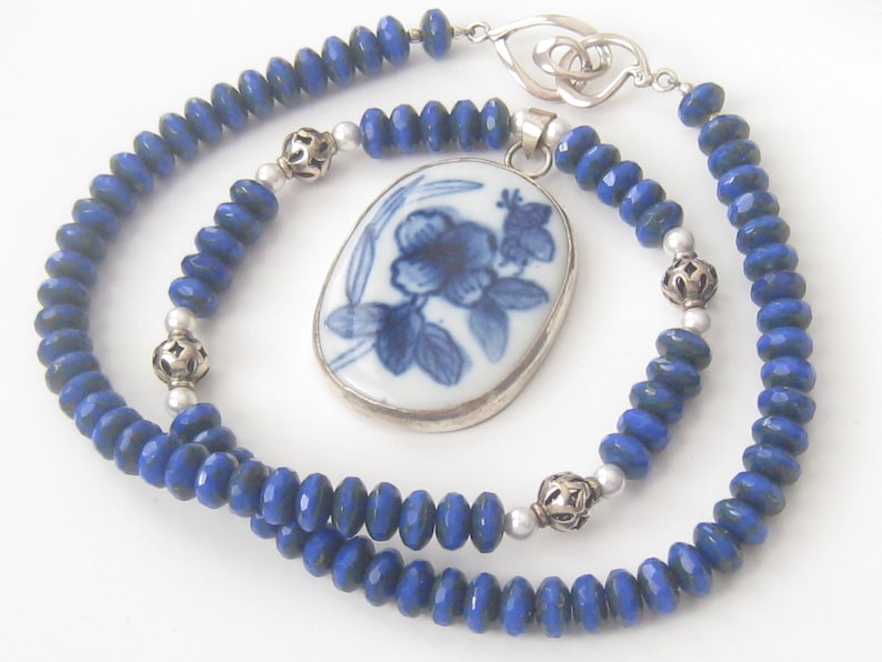 Lapis /& Sterling Necklace with Pendant BlueWhite Shard Floral Porcelain Oval 1 7.8 x 1 316 Necklace is 18 Long