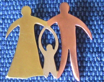Modernist Brooch.  Mother, Father & Child.  Family of 3.  Mixed Metals  Sterling, Brass, Copper. Abstract Figural 1 5/8"H x 1 7/8"W