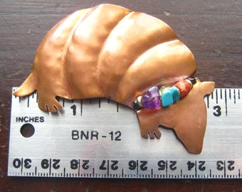 Large Copper Armadillo Brooch. Artisan Signed Vintage Pin. Hand Hammered Contours. Semi-Precious Mixed Stone Nugget Collar.  2 7/8" x 1 7/8"