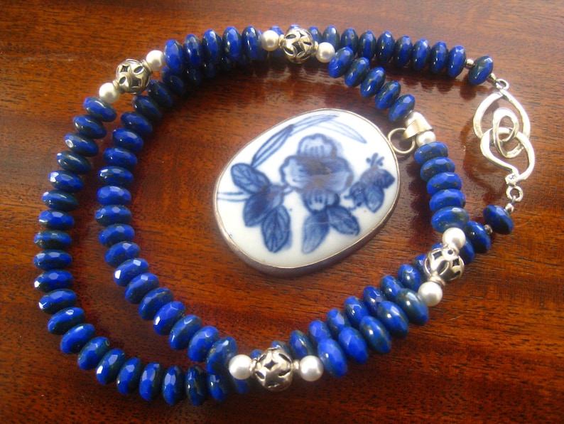 Lapis /& Sterling Necklace with Pendant BlueWhite Shard Floral Porcelain Oval 1 7.8 x 1 316 Necklace is 18 Long