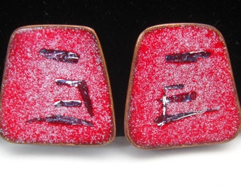 Mid Century Modern Enamel Copper Earrings, Abstract Design