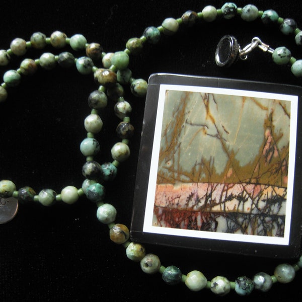 OOAK Assembled African Turquoise & Intarsia Necklace. Picture Jasper in 1 5/8 x 1.5" Black Stone Frame. Creative Capers