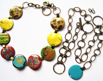 Belt/Necklace. Enameled Medallions. Colorful Necklace PLUS Added Chain to Become a Belt. Upcycled with Additions/Changes by Creative Capers