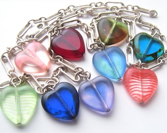 Heart Charm Necklace on Sterling Chain.  Vintage Sweetheart Jewelry.  9 Czech Glass Hearts. 9 Different Colors/Designs. Vintage Chain 18" L.