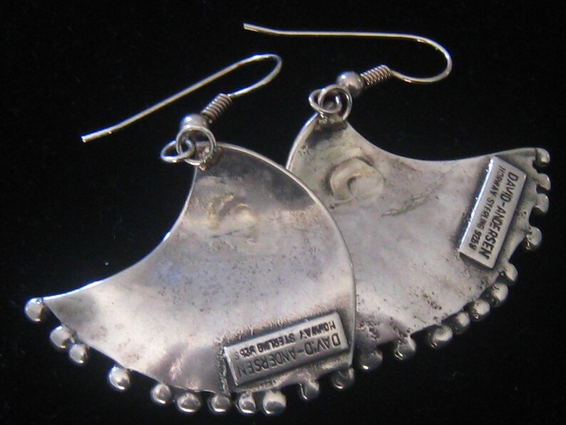 DAVID ANDERSEN Sterling Earrings Mid Century Modern Signed Contoured Wavy Fan like Drops have Raised Lines with Ball Ends.