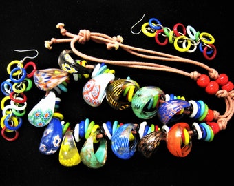 Artisan Necklace has 13 Murano Glass Finger Rings & Colorful Mixed Glass Spacers at a Bead Supply Price. EARRINGS included. Summer Fun.