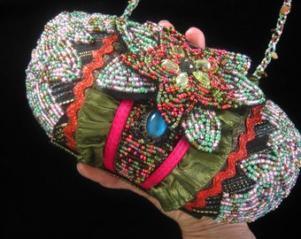 PRITZI  Beaded Hard Shell Handbag.  Braided Bead Strap.  Colorful Seed Beads, Ribbons, Ruffles & Ric-Rac.  Fancy Beaded Flower Clasp Cover.