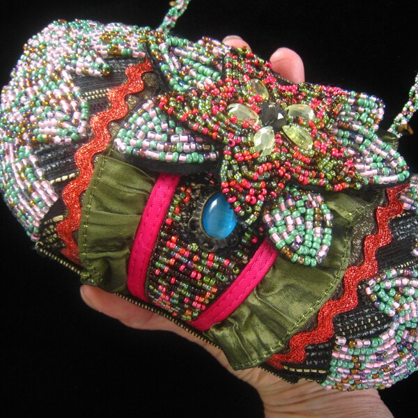 PRITZI  Beaded Hard Shell Handbag.  Braided Bead Strap.  Colorful Seed Beads, Ribbons, Ruffles & Ric-Rac.  Fancy Beaded Flower Clasp Cover.