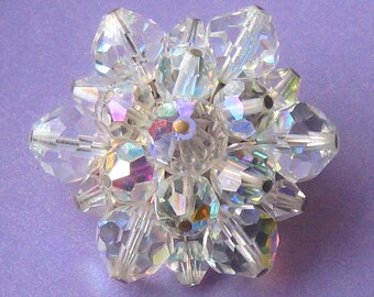 AB Clear Crystal Cluster Brooch.  Mid Century 1 5/8" Diameter.  3 Crystal Sizes with Luminous AB Coating. 1 5/8" H x 1 3/8" W x 5/8" Deep