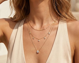 14K Gold Plated Sterling Silver Layered Necklace, CZ Pendant Choker, Dainty Multi-Strand Jewelry