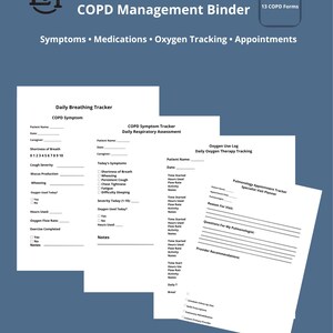 Op de afbeelding: Een digitale COPD-beheermap met 13 formulieren voor het bijhouden van symptomen, medicatie, zuurstofgebruik en afspraken. De witte pagina's bevatten een dagelijkse ademhalingstracker, symptoomtracker, zuurstoflogboek en een afsprakenplanner.