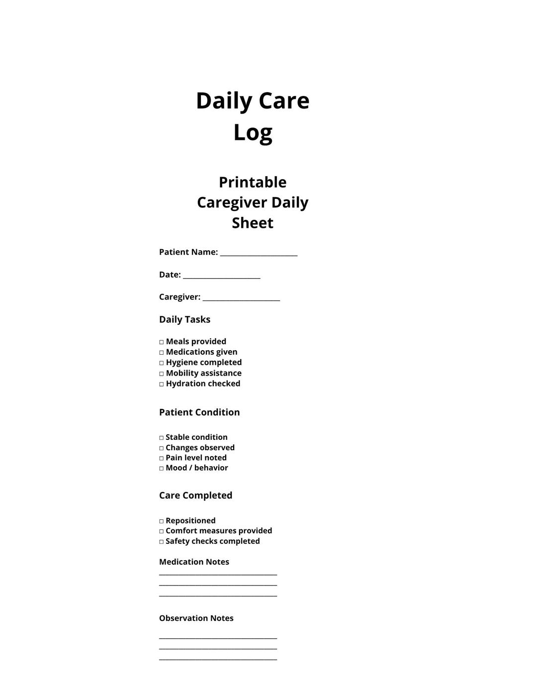 Daily Care Log Printable PDF | Caregiver Daily Sheet | Home Health ...
