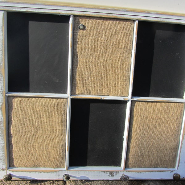 RECLAIMED Old Window - White Shabby Chis frame - Chalkboard - Burlap cork board - vintage Brass knobs - Farmhouse - Wedding