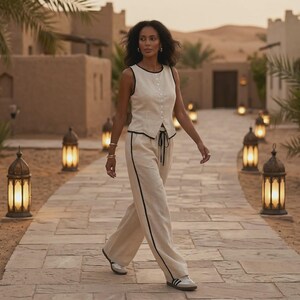 Women's Contrast Trim Two-Piece Set | Sleeveless Vest & Wide Leg Pants | Button Front Drawstring Waist