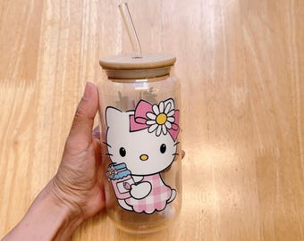 KAWAII Glass Tumbler | 16oz Libbey Glass Cup with Bamboo Lid & Glass Straw | Cute Kawaii Gift