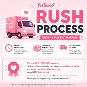 May include: A pink graphic advertisement for YesScoop Rush Process featuring a pink delivery truck, the text RUSH PROCESS, and PRIORITY MAKES IT HAPPEN. It includes icons for priority processing, shipping, and delivery with descriptive text.