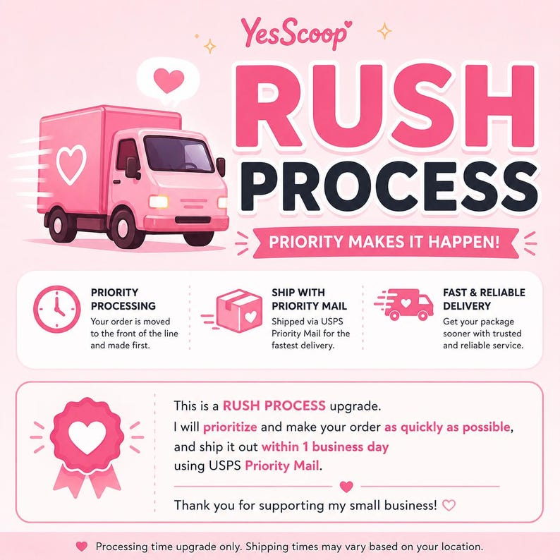 May include: A pink graphic advertisement for YesScoop Rush Process featuring a pink delivery truck, the text RUSH PROCESS, and PRIORITY MAKES IT HAPPEN. It includes icons for priority processing, shipping, and delivery with descriptive text.