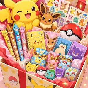 May include: A gift box filled with various stationery and accessories featuring Pikachu, Eevee, Snorlax, Gengar, and Bulbasaur. Items include pens, spiral notebooks, sticker sheets, a red and white Poké Ball, small gift bags, and patterned tape.