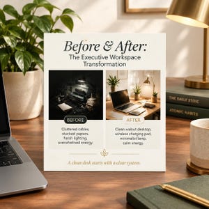 Może przedstawiać: Prostokątny znak z tytułem Before & After: The Executive Workspace Transformation. Przedstawia dwa obrazy porównujące zagracone biurko z ostrym oświetleniem do czystego biurka z drewna orzechowego z lampką oraz tekst opisujący zmiany.