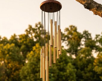12 Campanas de viento tubulares de metal, color dorado y plateado, estilo rústico para jardín y patio.