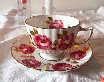Vintage Radfords Fenton Teacup & Saucer Bone China with Pink Roses Gold Leaves